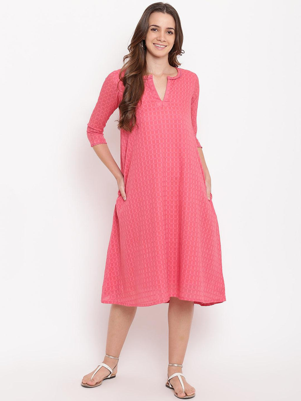 trueBrowns Brick Pink Dobby Grid Flared Dress | Grocsy