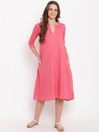 trueBrowns Brick Pink Dobby Grid Flared Dress | Grocsy