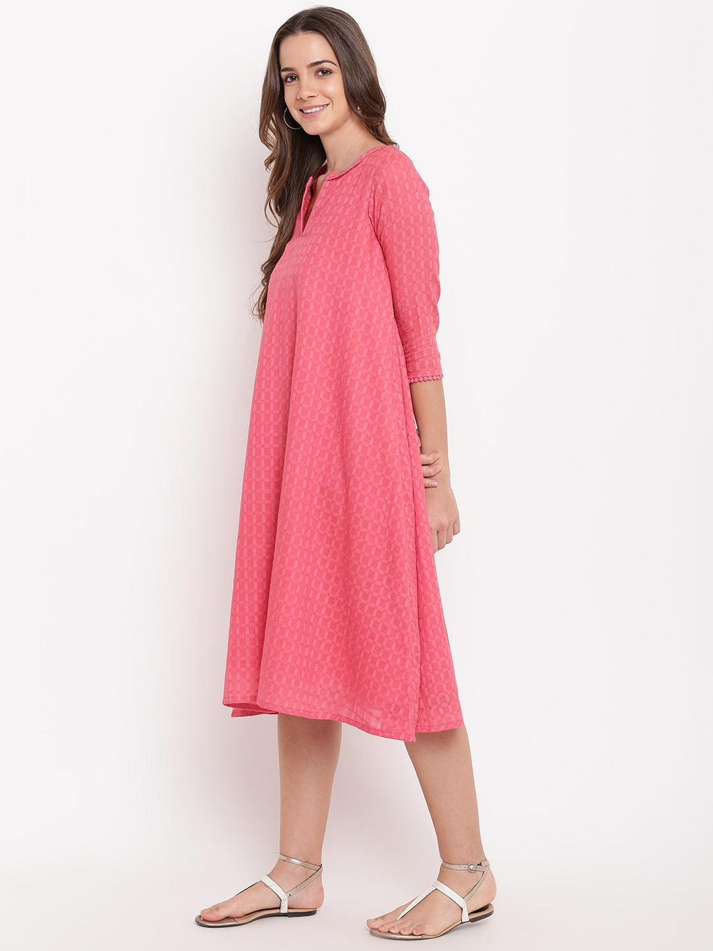 trueBrowns Brick Pink Dobby Grid Flared Dress | Grocsy