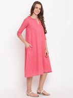 trueBrowns Brick Pink Dobby Grid Flared Dress | Grocsy