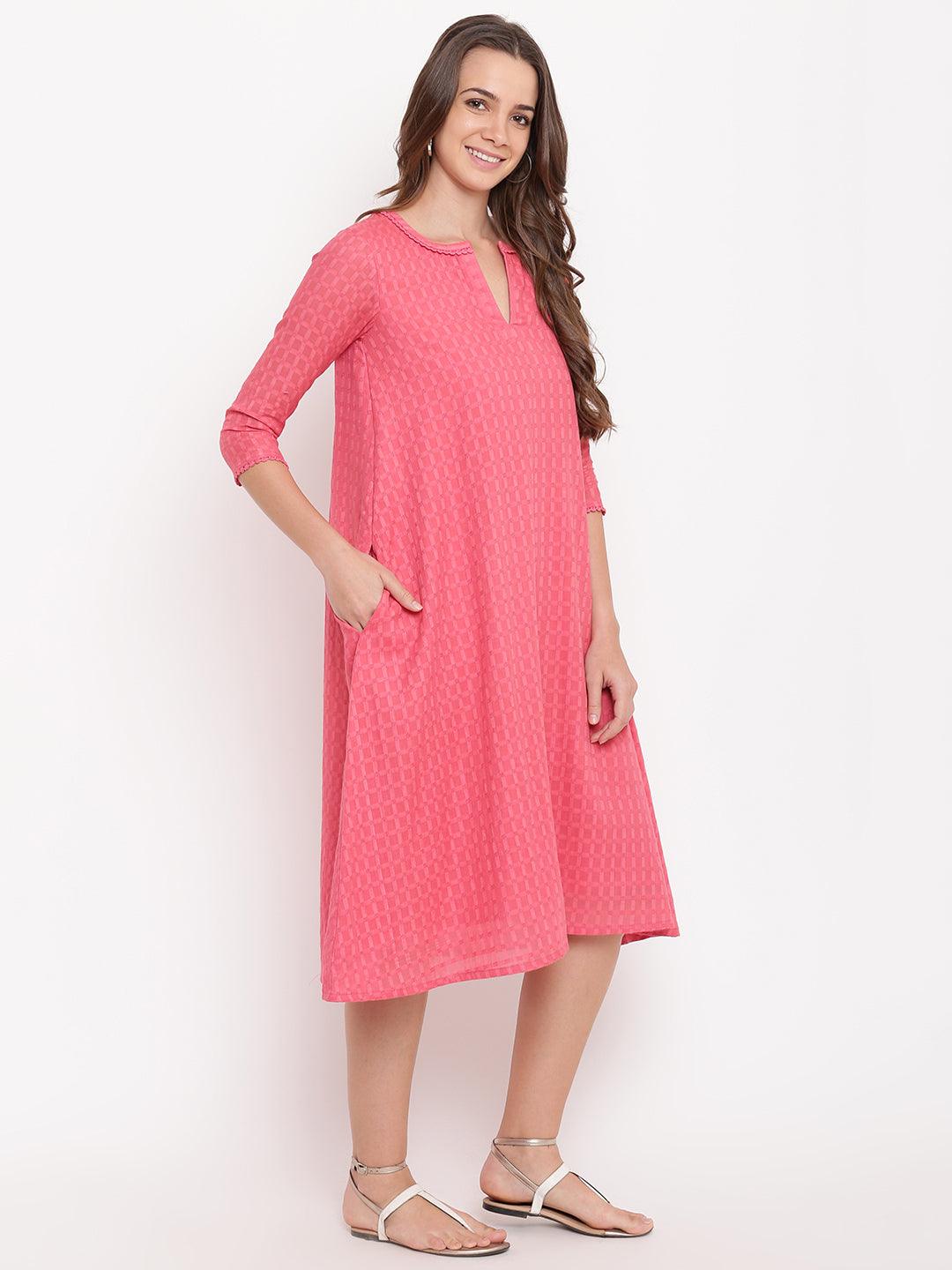 trueBrowns Brick Pink Dobby Grid Flared Dress | Grocsy