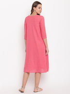 trueBrowns Brick Pink Dobby Grid Flared Dress | Grocsy