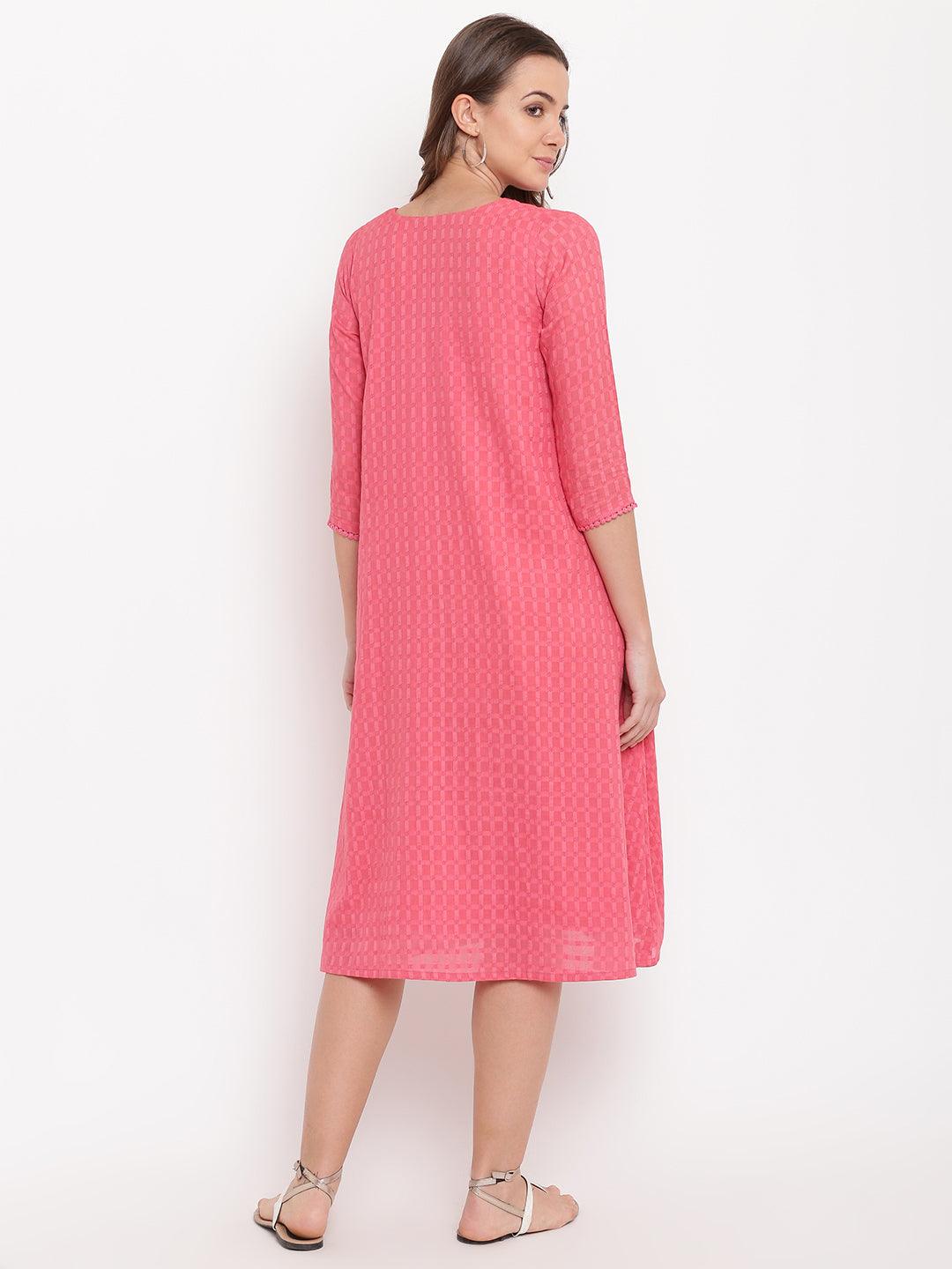 trueBrowns Brick Pink Dobby Grid Flared Dress | Grocsy