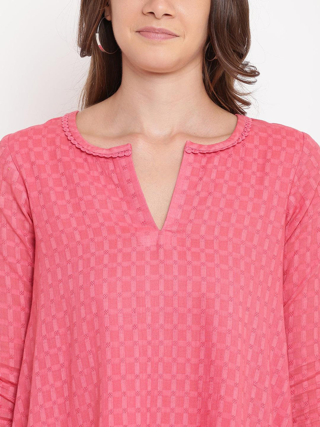 trueBrowns Brick Pink Dobby Grid Flared Dress | Grocsy