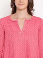 trueBrowns Brick Pink Dobby Grid Flared Dress | Grocsy