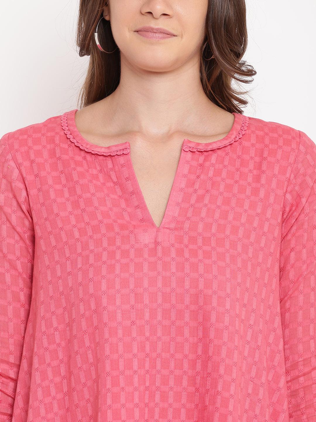 trueBrowns Brick Pink Dobby Grid Flared Dress | Grocsy