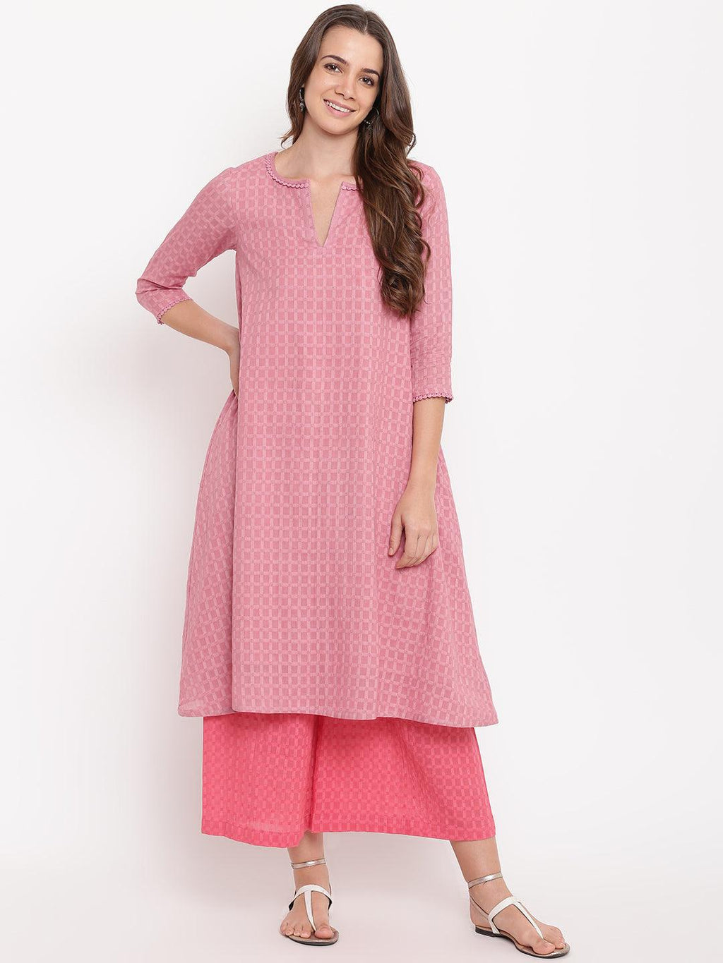 trueBrowns Pink Grid Dobby Kurta-Contrast Palazzo | Grocsy