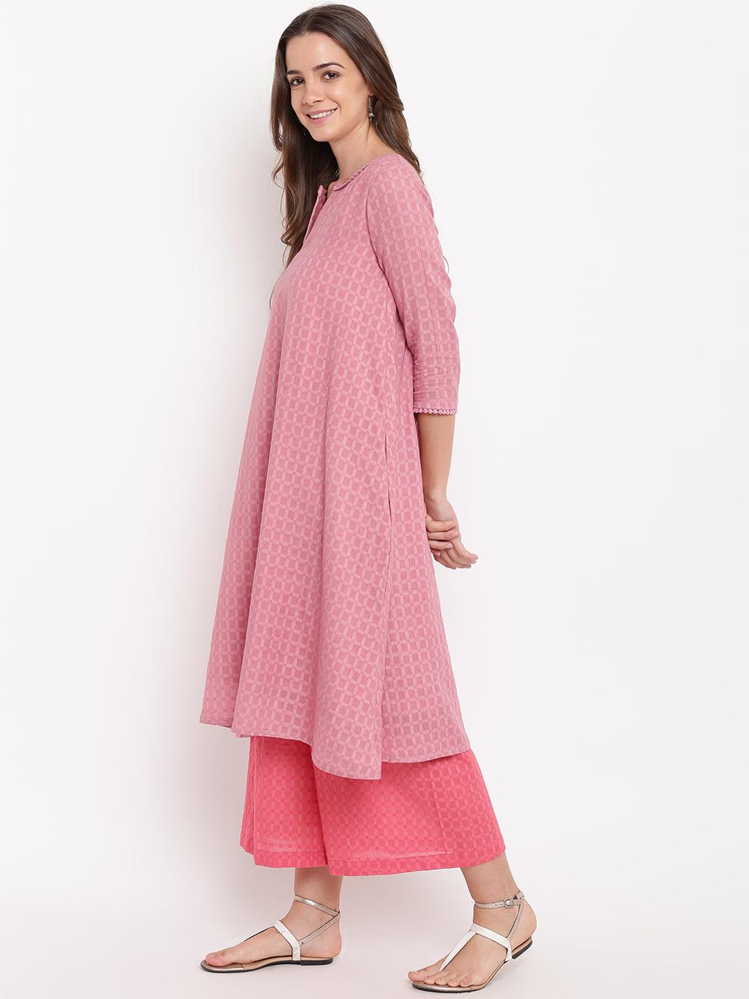 trueBrowns Pink Grid Dobby Kurta-Contrast Palazzo | Grocsy
