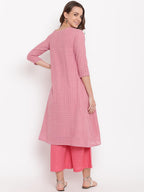 trueBrowns Pink Grid Dobby Kurta-Contrast Palazzo | Grocsy