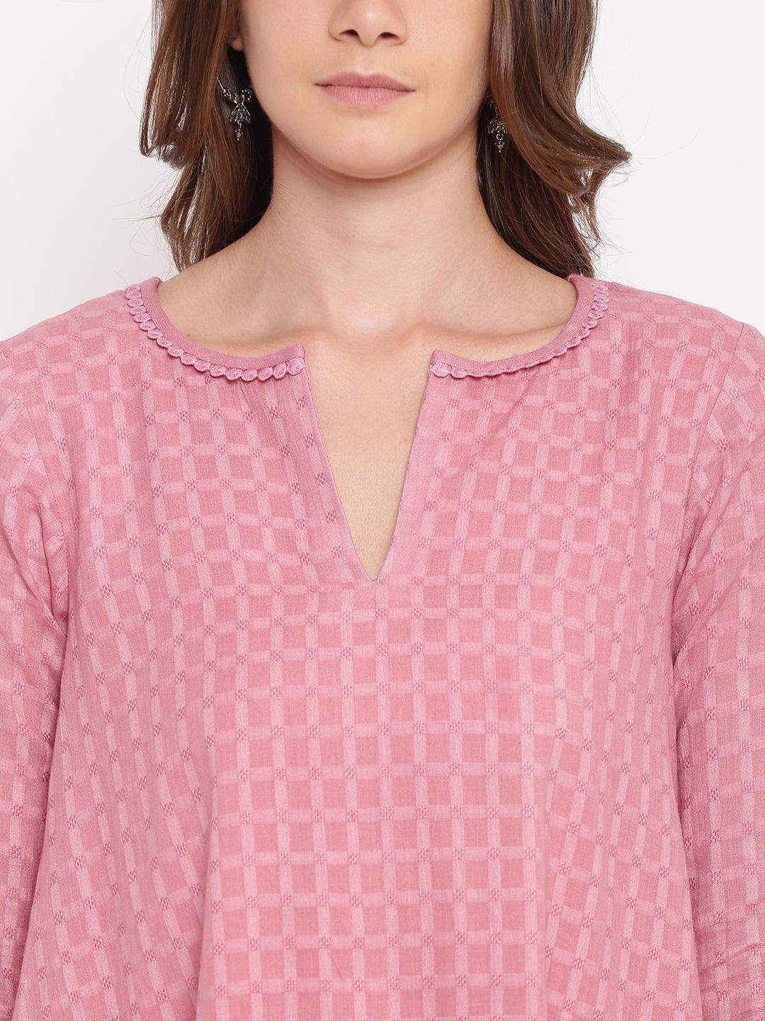 trueBrowns Pink Grid Dobby Kurta-Contrast Palazzo | Grocsy