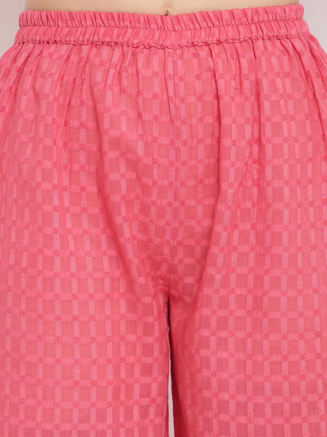 trueBrowns Pink Grid Dobby Kurta-Contrast Palazzo | Grocsy