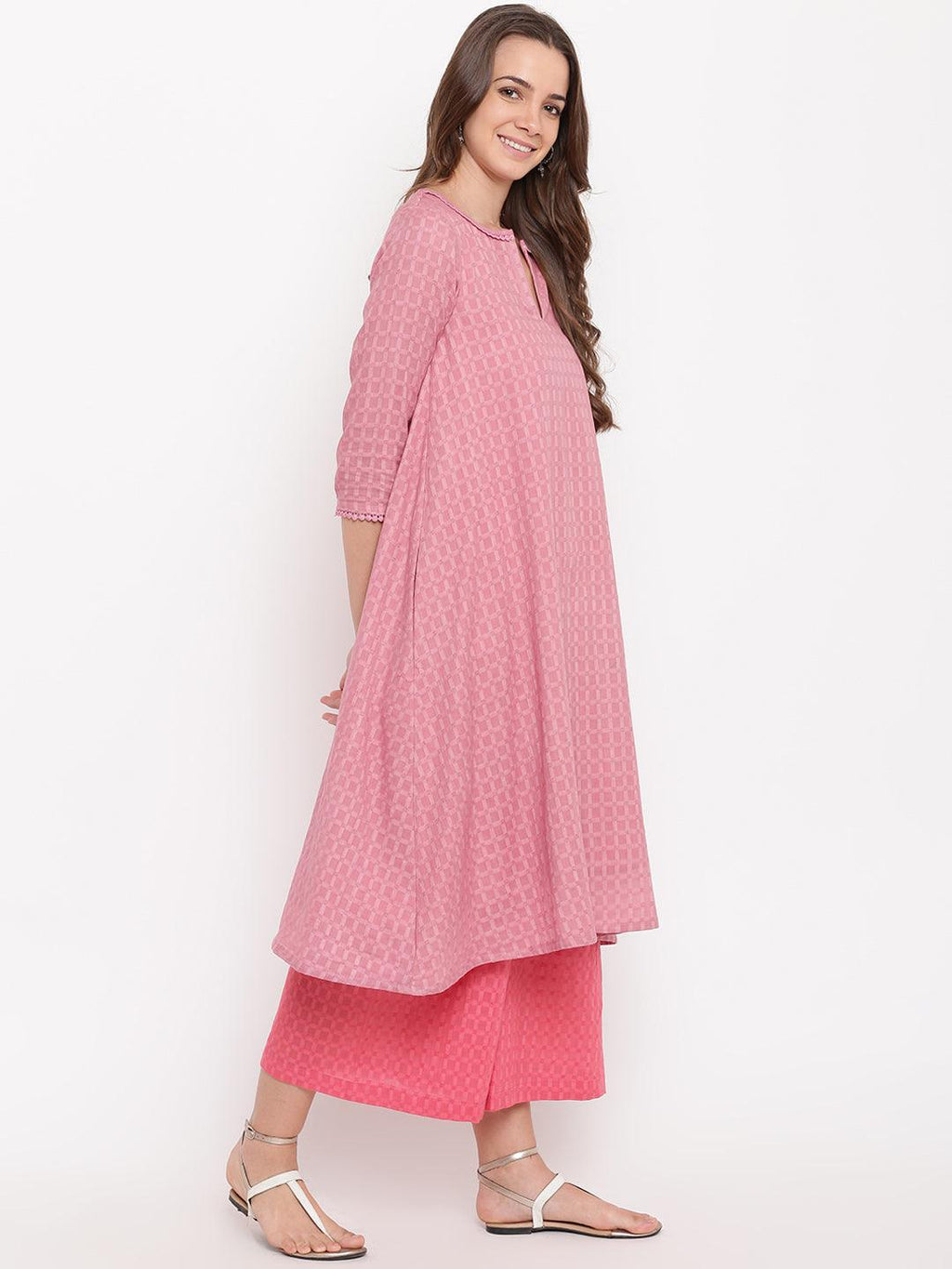 trueBrowns Pink Grid Dobby Kurta-Contrast Palazzo | Grocsy