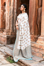 Joban Fashion Light Sky Blue Crepe Chiffon Pure Handloom Banarasi Silk Saree | Grocsy