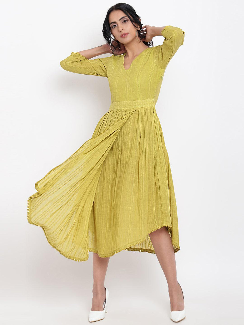 trueBrowns Green Cotton Overlap Flare Dress | Grocsy