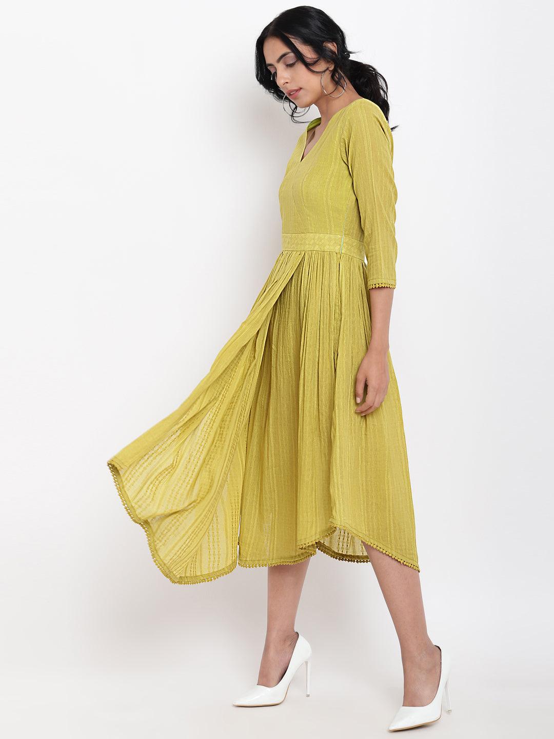 trueBrowns Cotton Overlap Flare Dress - Green | Grocsy