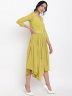 trueBrowns Green Cotton Overlap Flare Dress | Grocsy