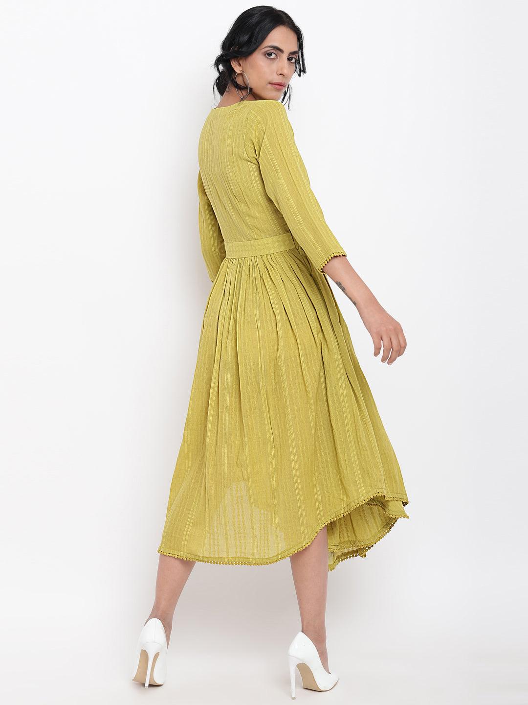 trueBrowns Green Cotton Overlap Flare Dress | Grocsy