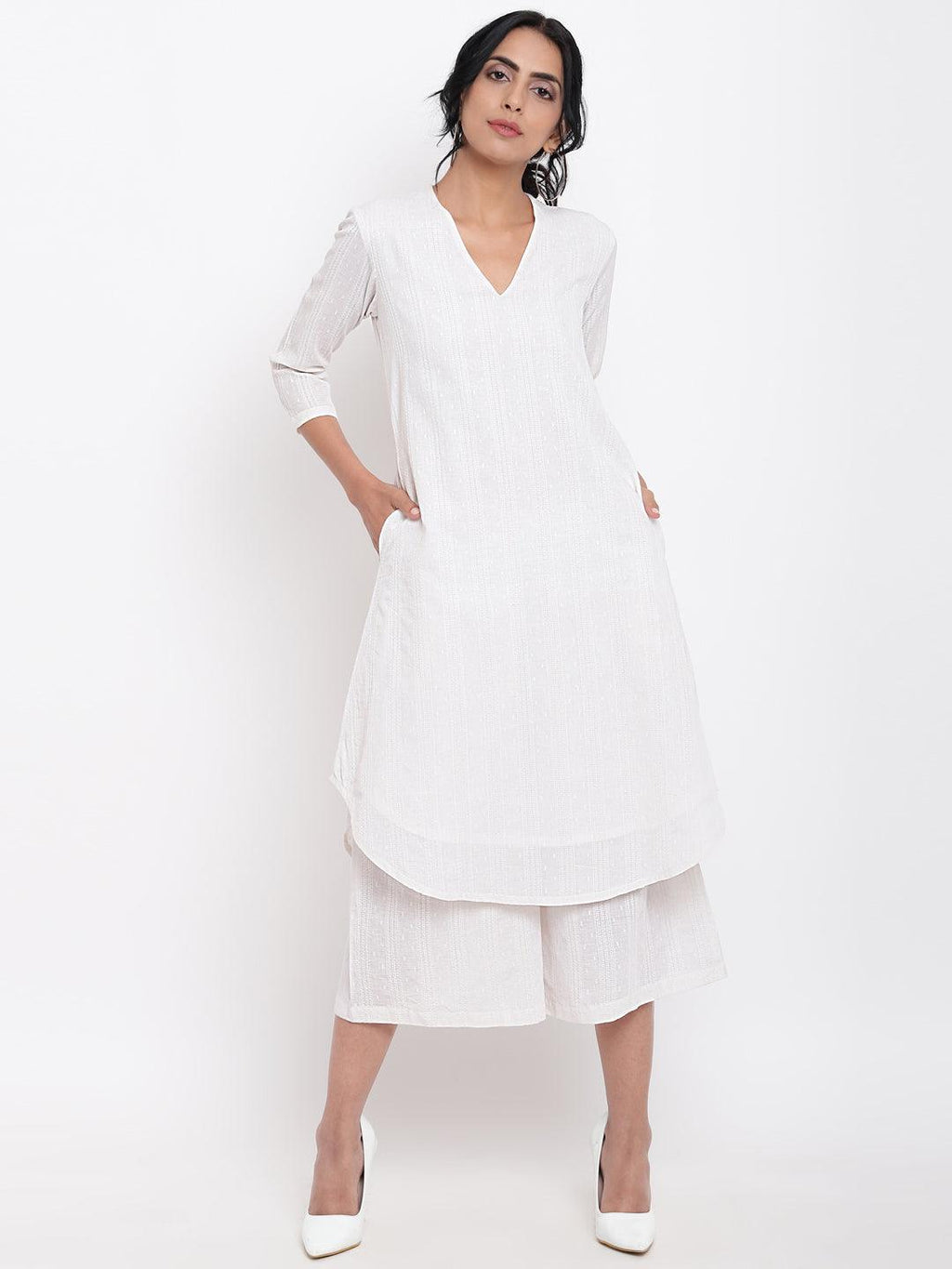 trueBrowns White Dobby Kurta Set | Grocsy