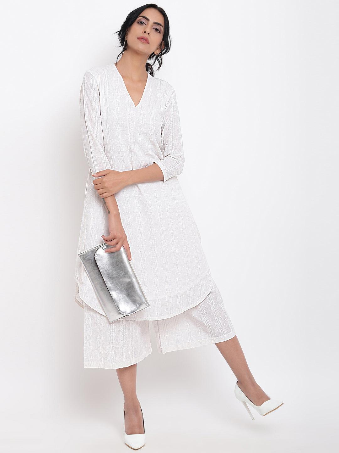trueBrowns White Dobby Kurta Set | Grocsy