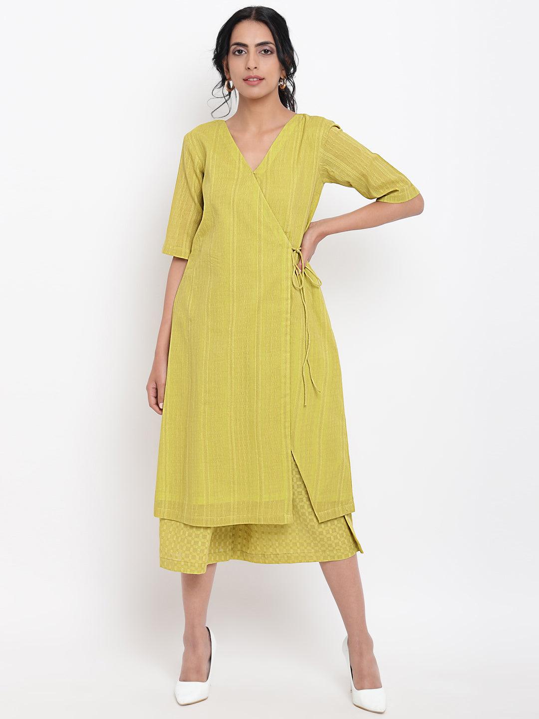 trueBrowns Green Cotton Angrakha Kurta Set | Grocsy