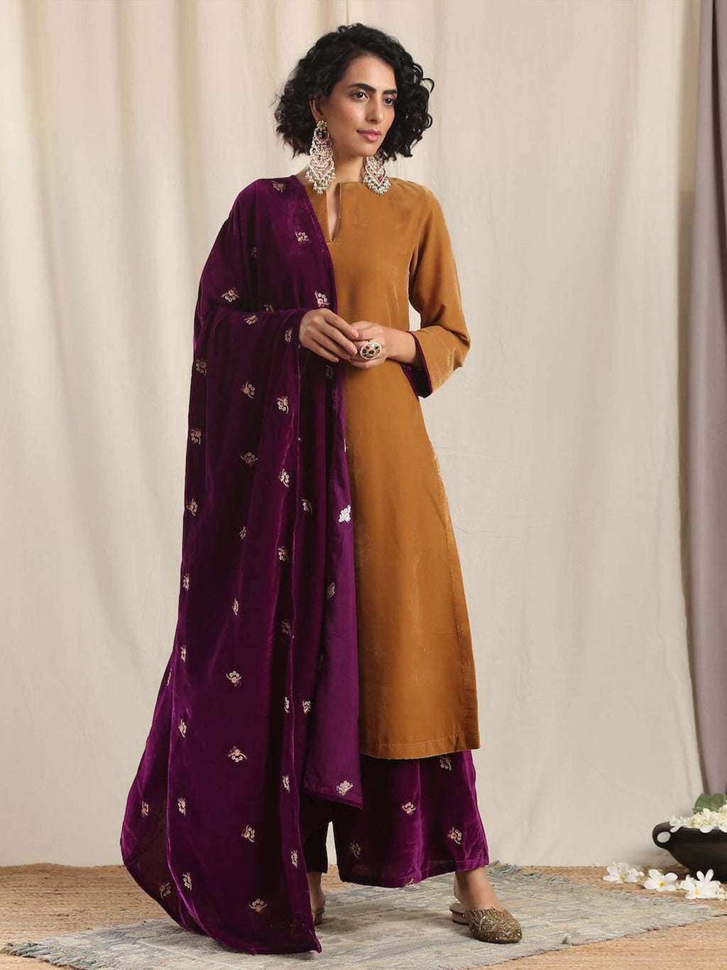 trueBrowns Wine Velvet Embroidered Shawl | Grocsy
