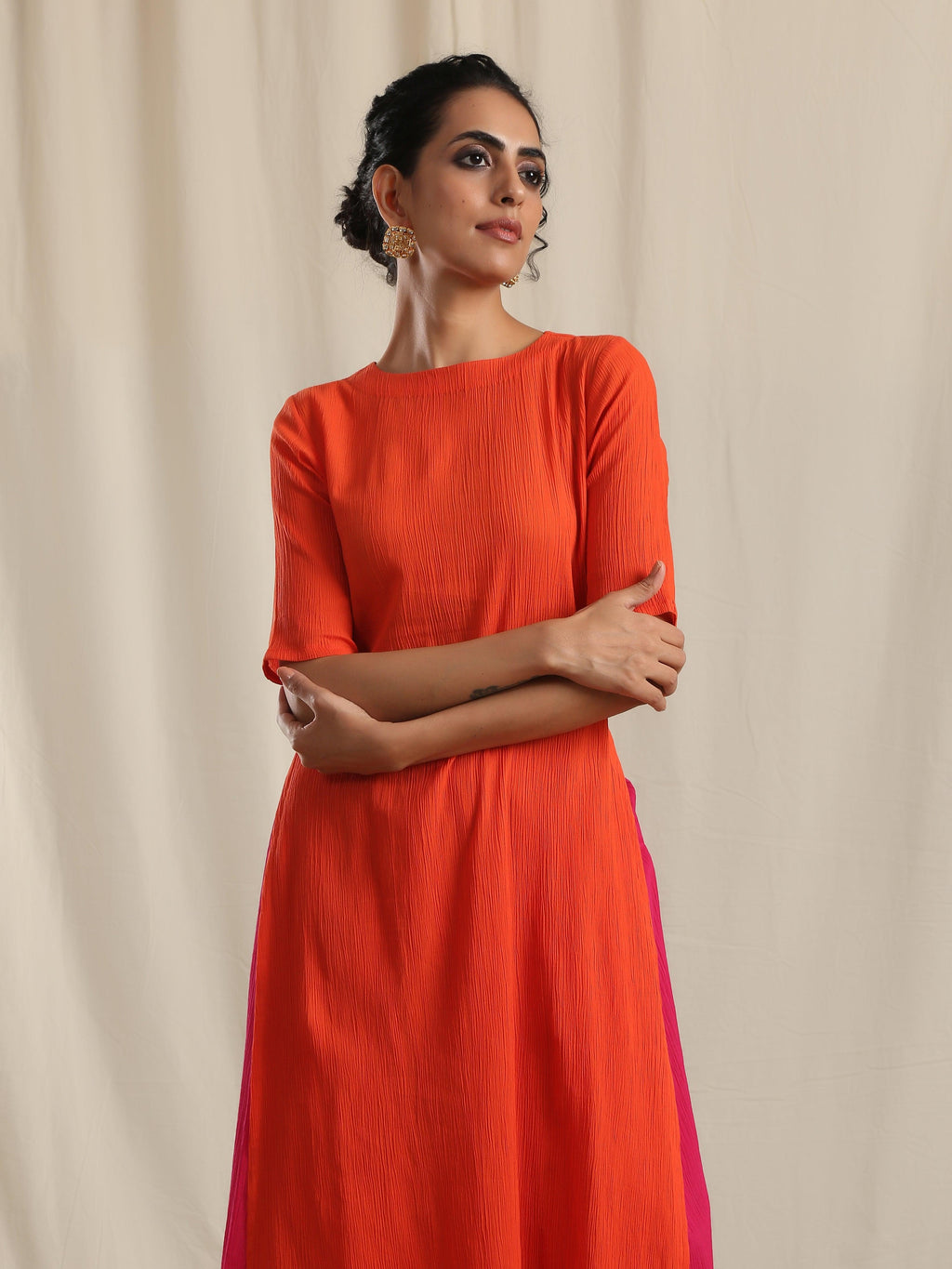 trueBrowns Orange Crinkle Slit Kurta Pant Set | Grocsy