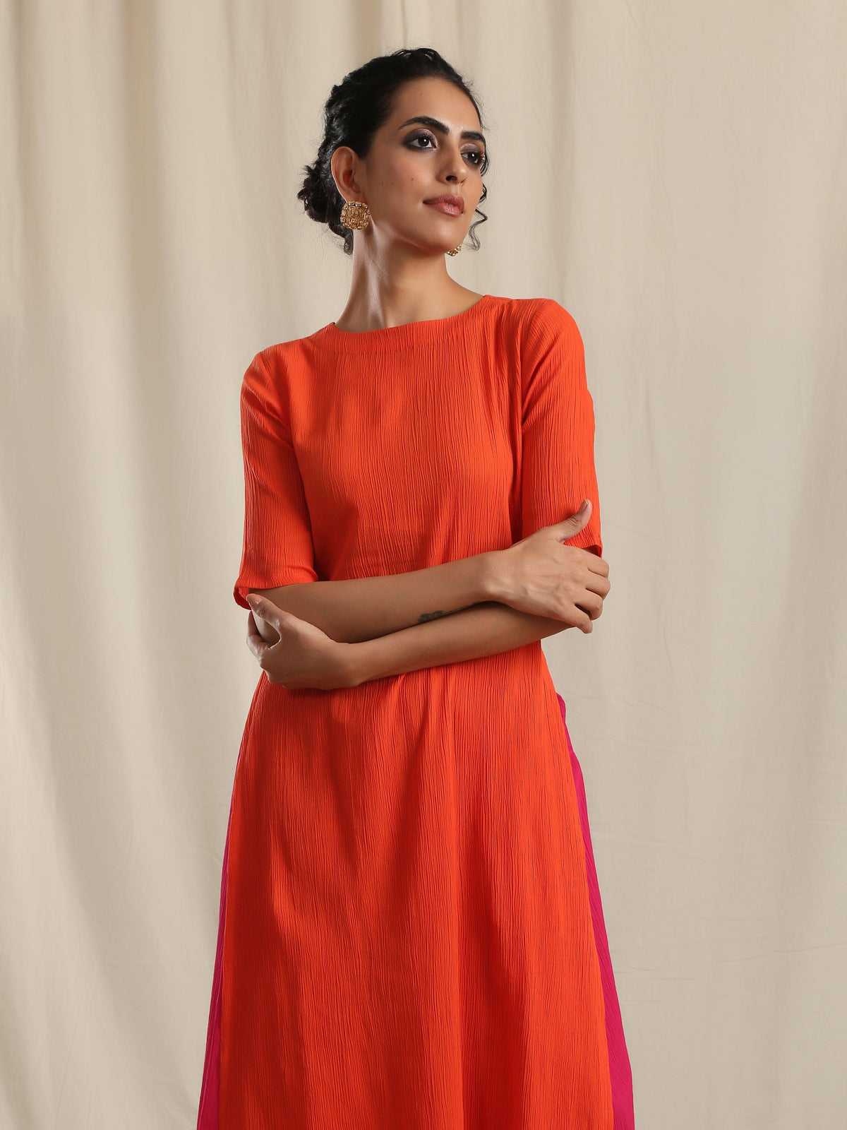 trueBrowns Orange Crinkle Slit Kurta Pant Set | Grocsy