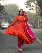trueBrowns Orange Crinkle Anarkali Kurta Pant Dupatta Set | Grocsy