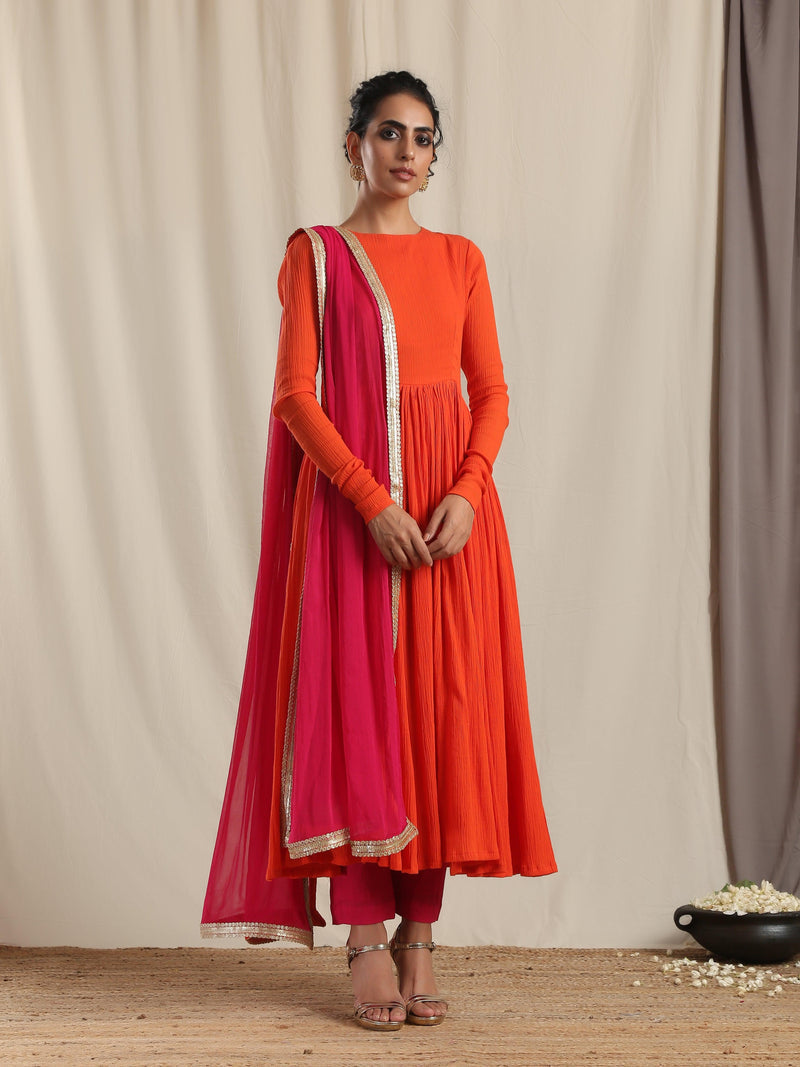 trueBrowns Orange Crinkle Anarkali Kurta Pant Dupatta Set | Grocsy