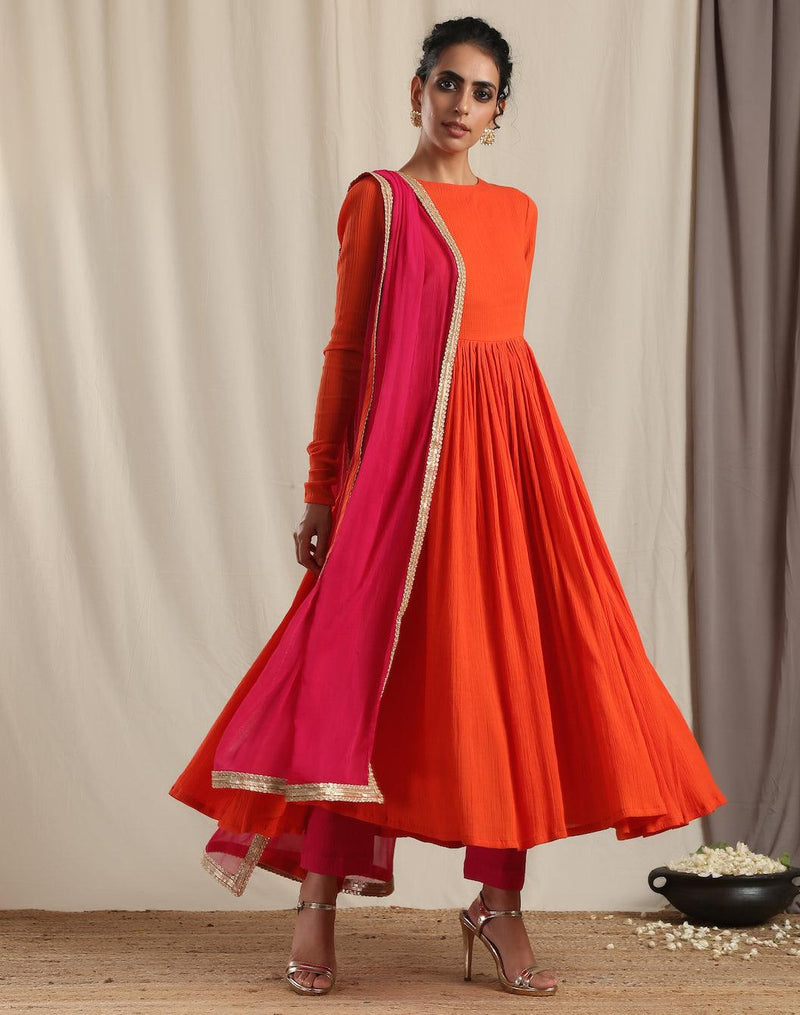 trueBrowns Orange Crinkle Anarkali Kurta Pant Dupatta Set | Grocsy