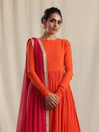 trueBrowns Orange Crinkle Anarkali Kurta Pant Dupatta Set | Grocsy