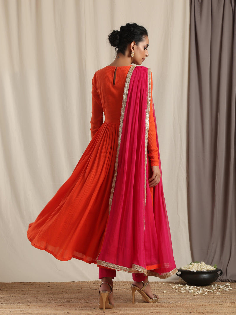 trueBrowns Orange Crinkle Anarkali Kurta Pant Dupatta Set | Grocsy