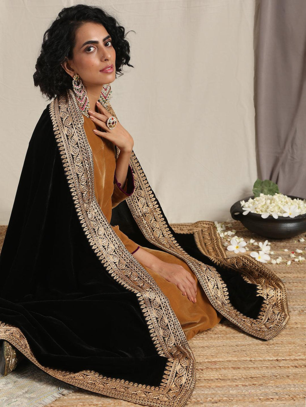 trueBrowns Black Velvet Embroidered Lace Shawl | Grocsy