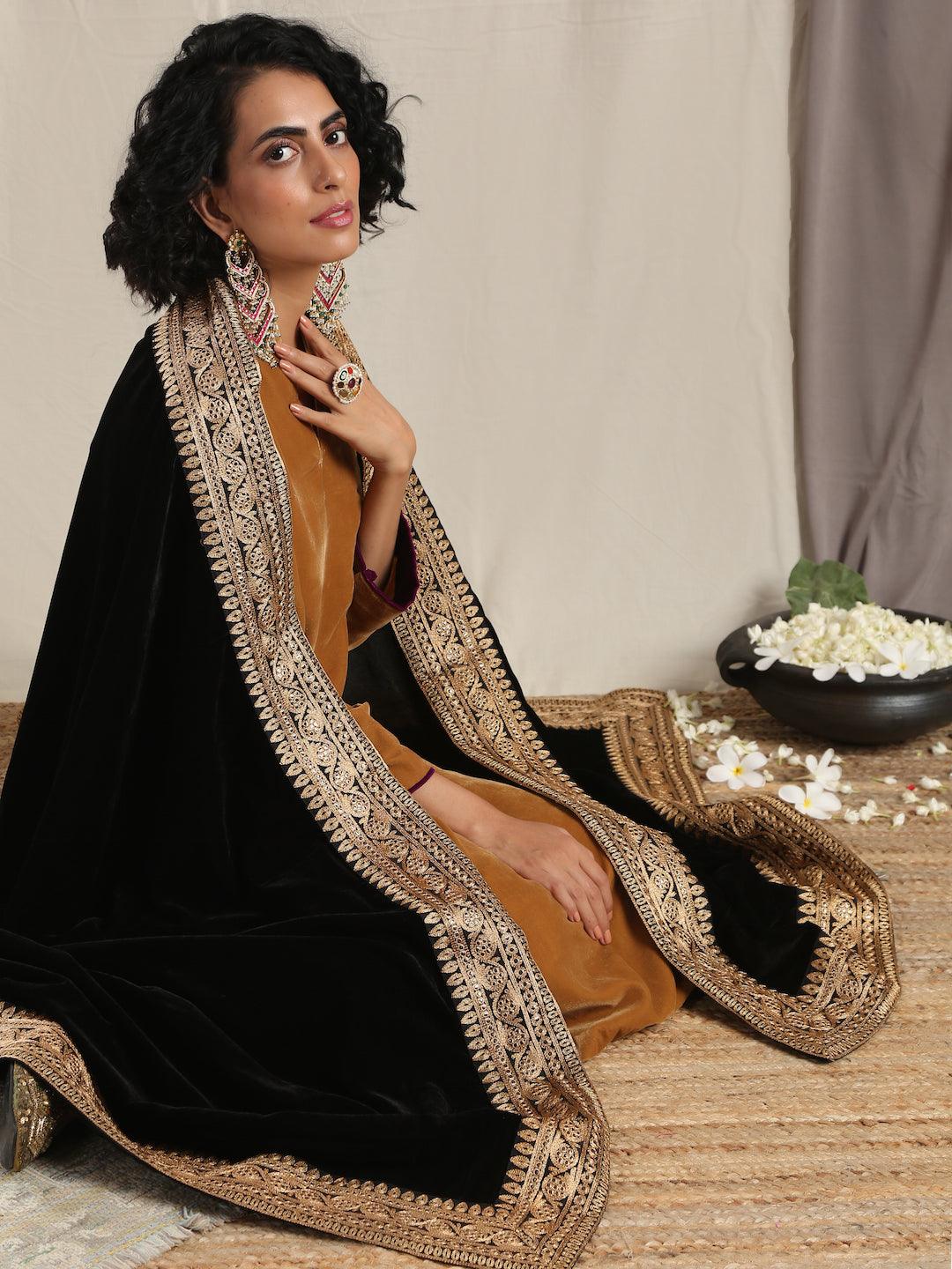 trueBrowns Black Velvet Embroidered Lace Shawl | Grocsy