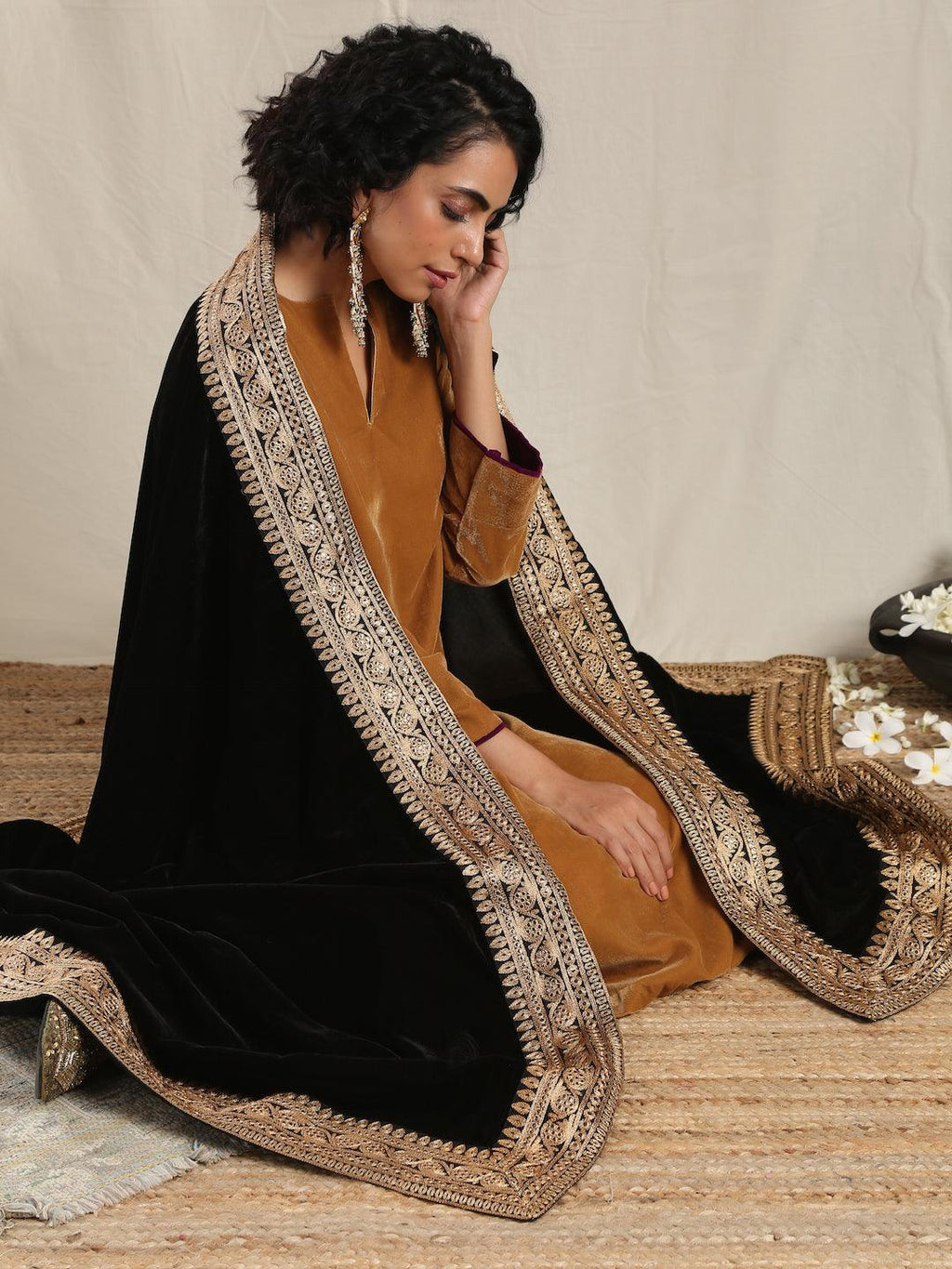 trueBrowns Black Velvet Embroidered Lace Shawl | Grocsy