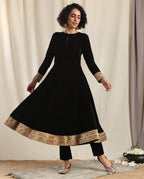 trueBrowns Black Velvet Flared Embroidered Kurta | Grocsy