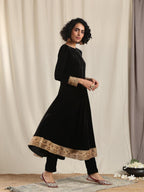 trueBrowns Black Velvet Flared Embroidered Kurta | Grocsy
