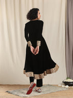 trueBrowns Black Velvet Flared Embroidered Kurta | Grocsy
