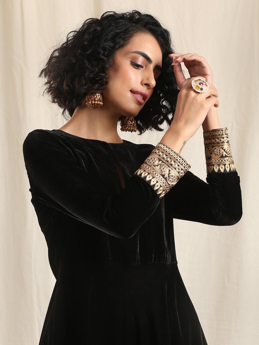 trueBrowns Black Velvet Flared Embroidered Kurta | Grocsy
