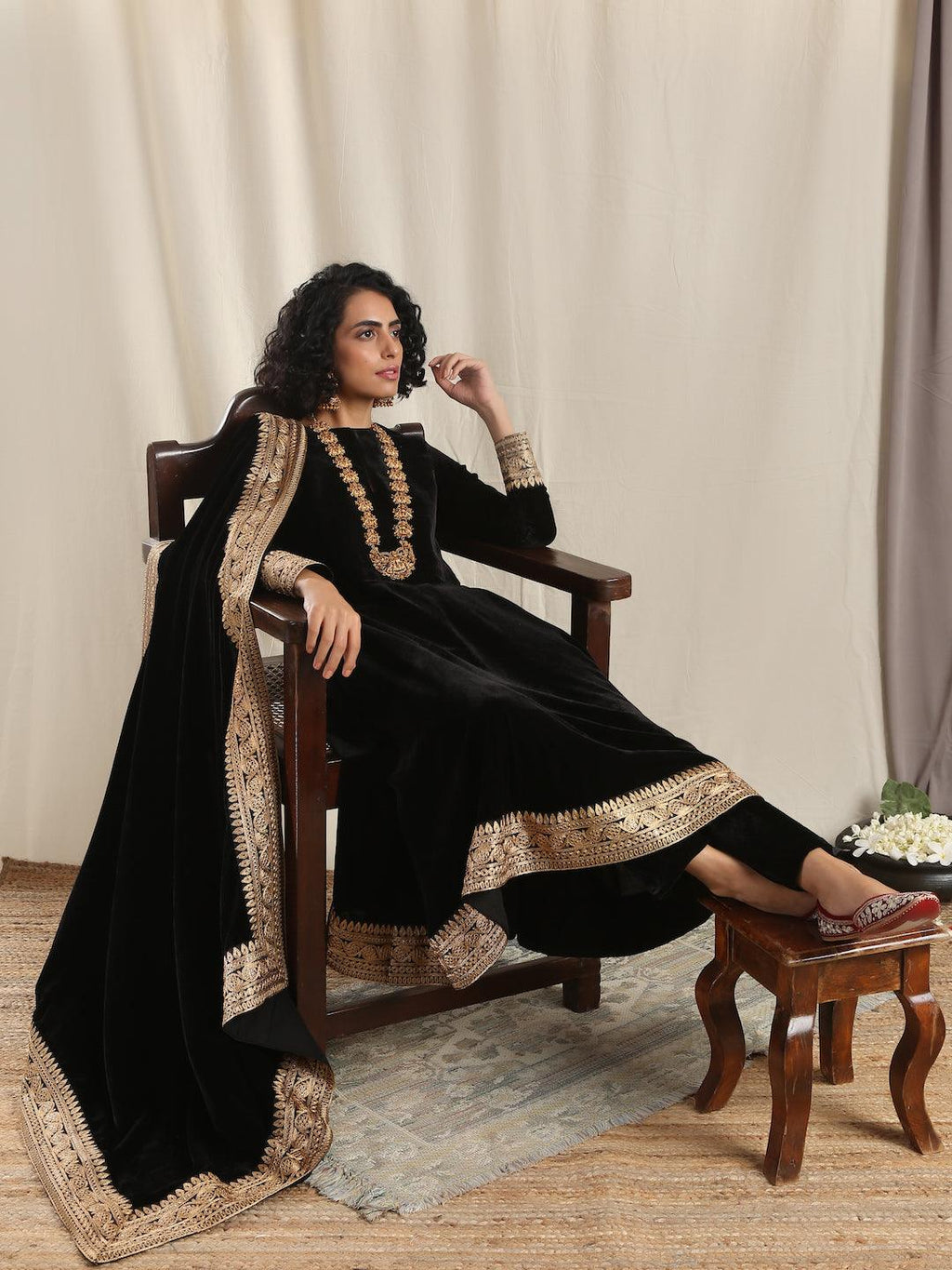 trueBrowns Black Velvet Flared Embroidered Kurta | Grocsy