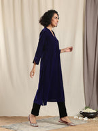 trueBrowns Blue Velvet Slit Kurta | Grocsy