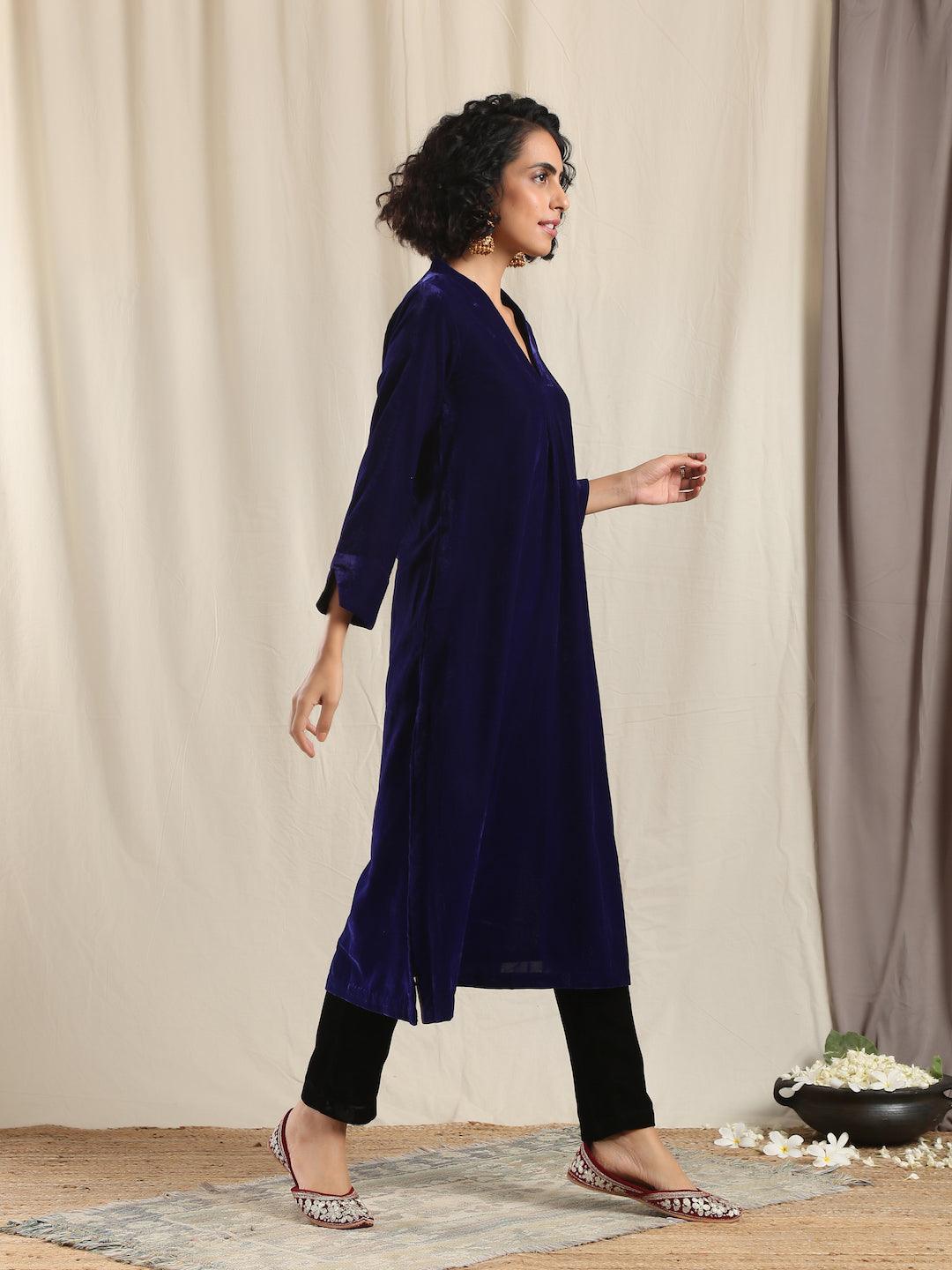 trueBrowns Blue Velvet Slit Kurta | Grocsy