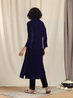 trueBrowns Blue Velvet Slit Kurta | Grocsy