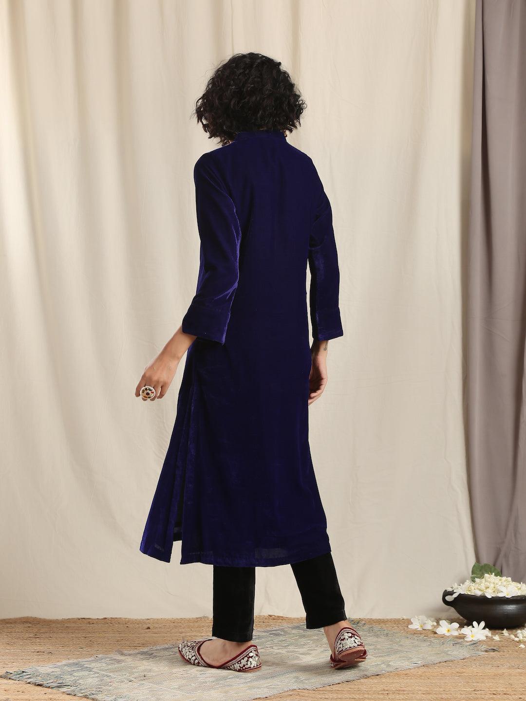 trueBrowns Blue Velvet Slit Kurta | Grocsy