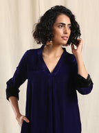 trueBrowns Blue Velvet Slit Kurta | Grocsy