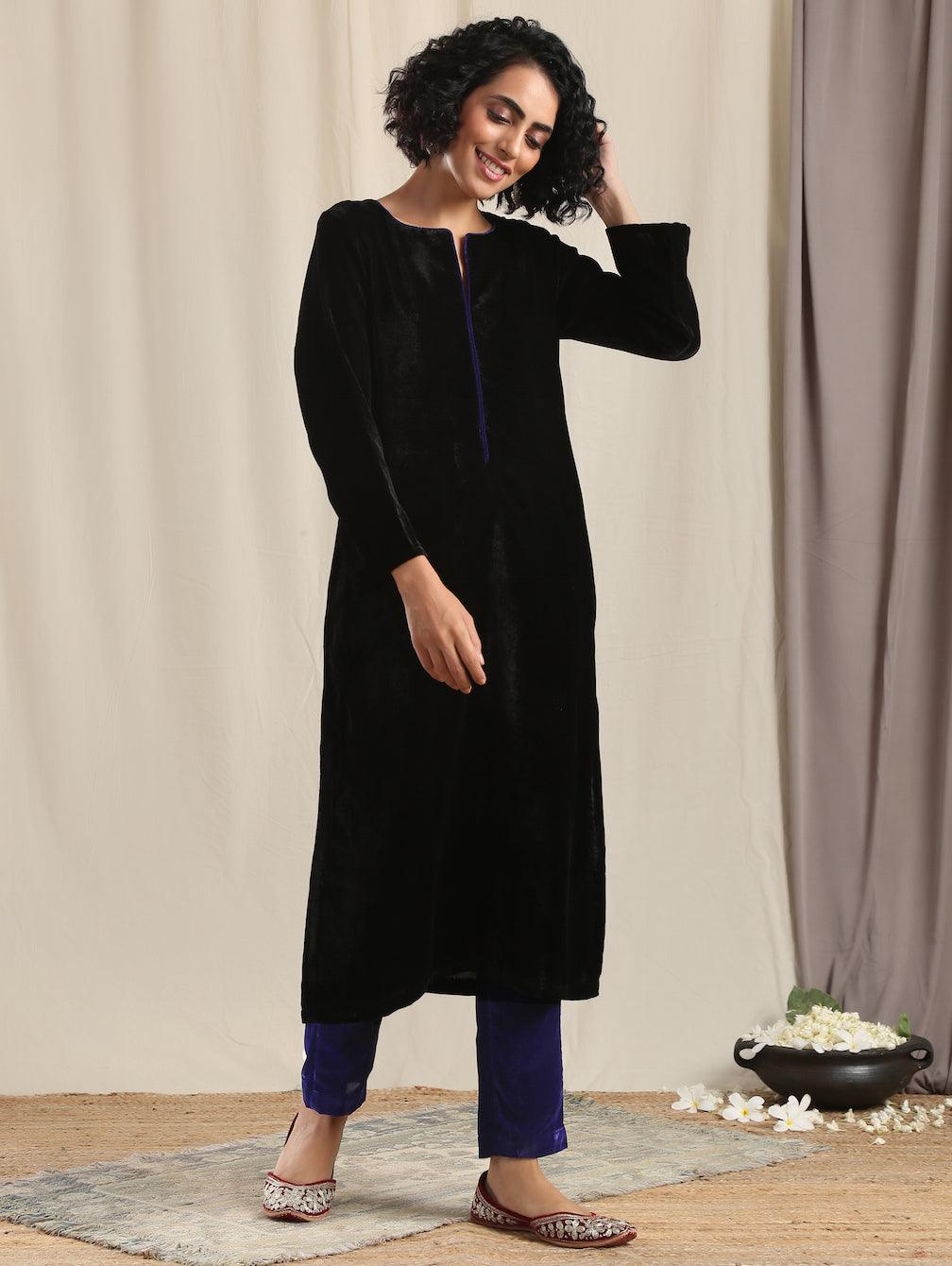 trueBrowns Black Velvet slit Kurta | Grocsy