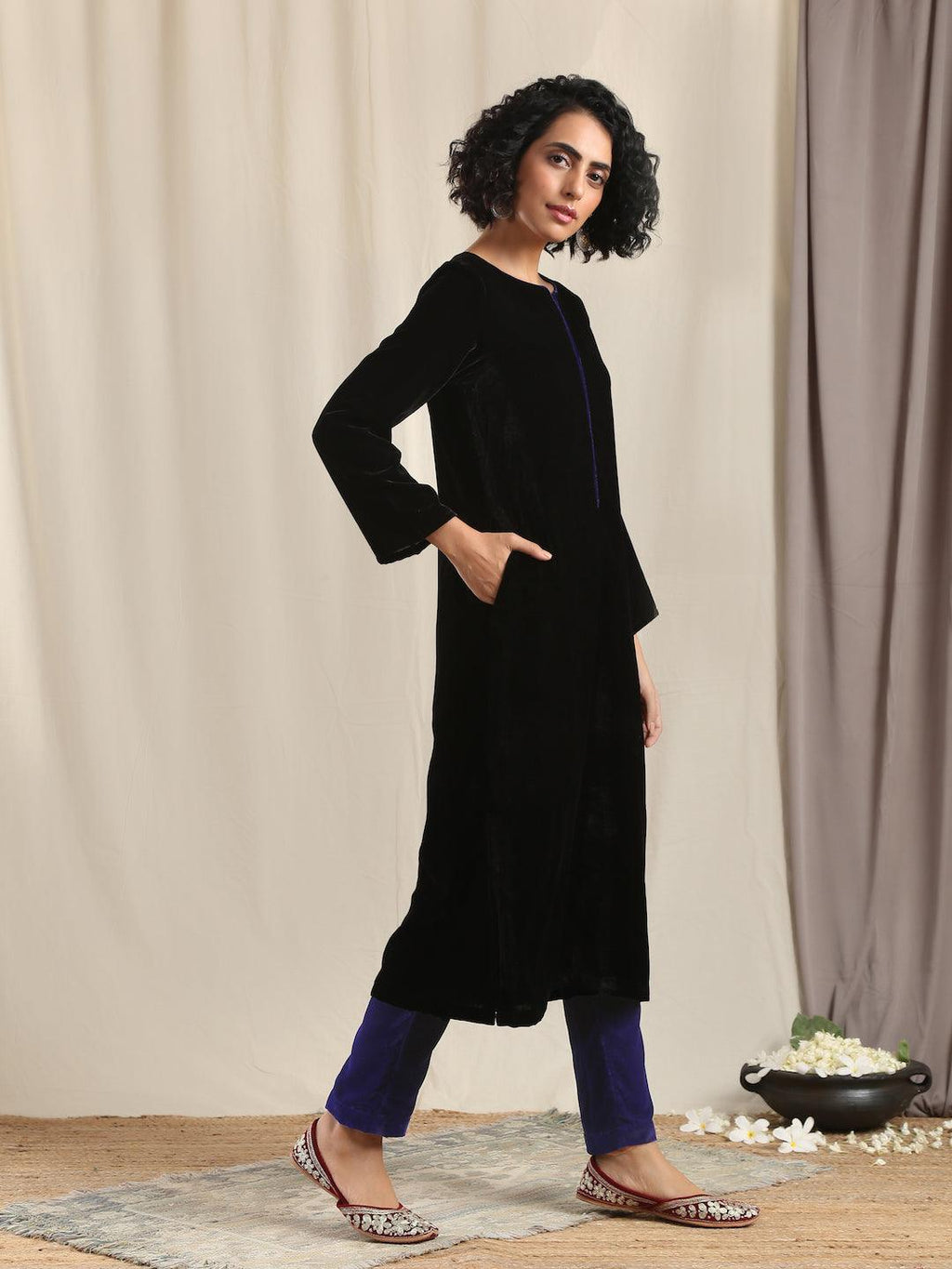 trueBrowns Black Velvet slit Kurta | Grocsy
