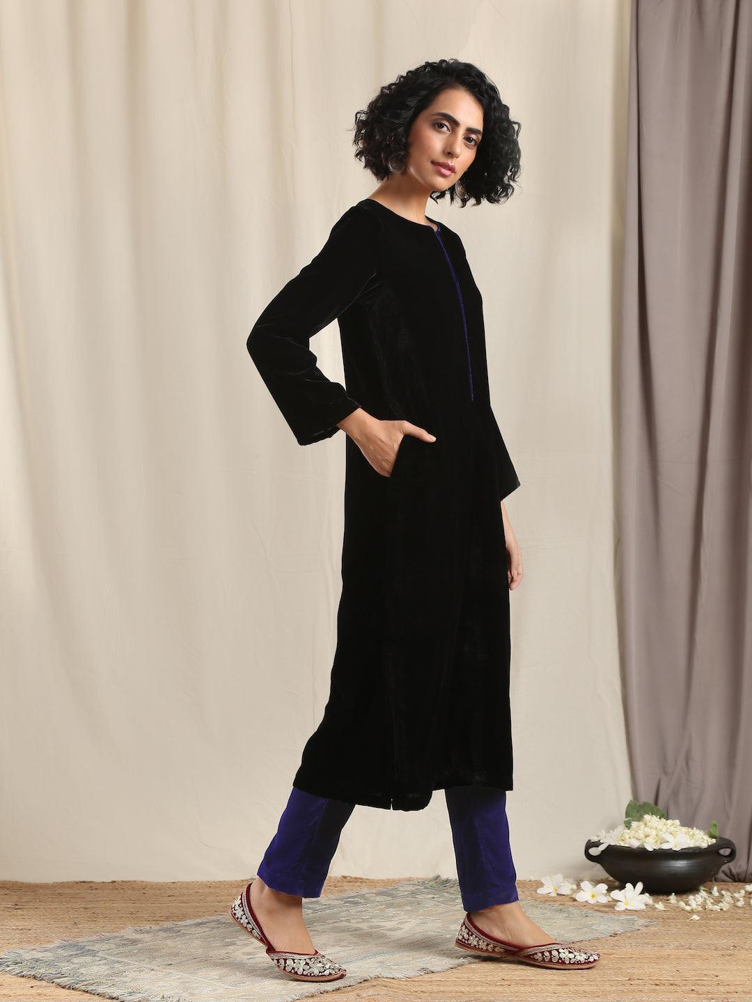 trueBrowns Black Velvet slit Kurta | Grocsy