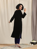 trueBrowns Black Velvet slit Kurta | Grocsy