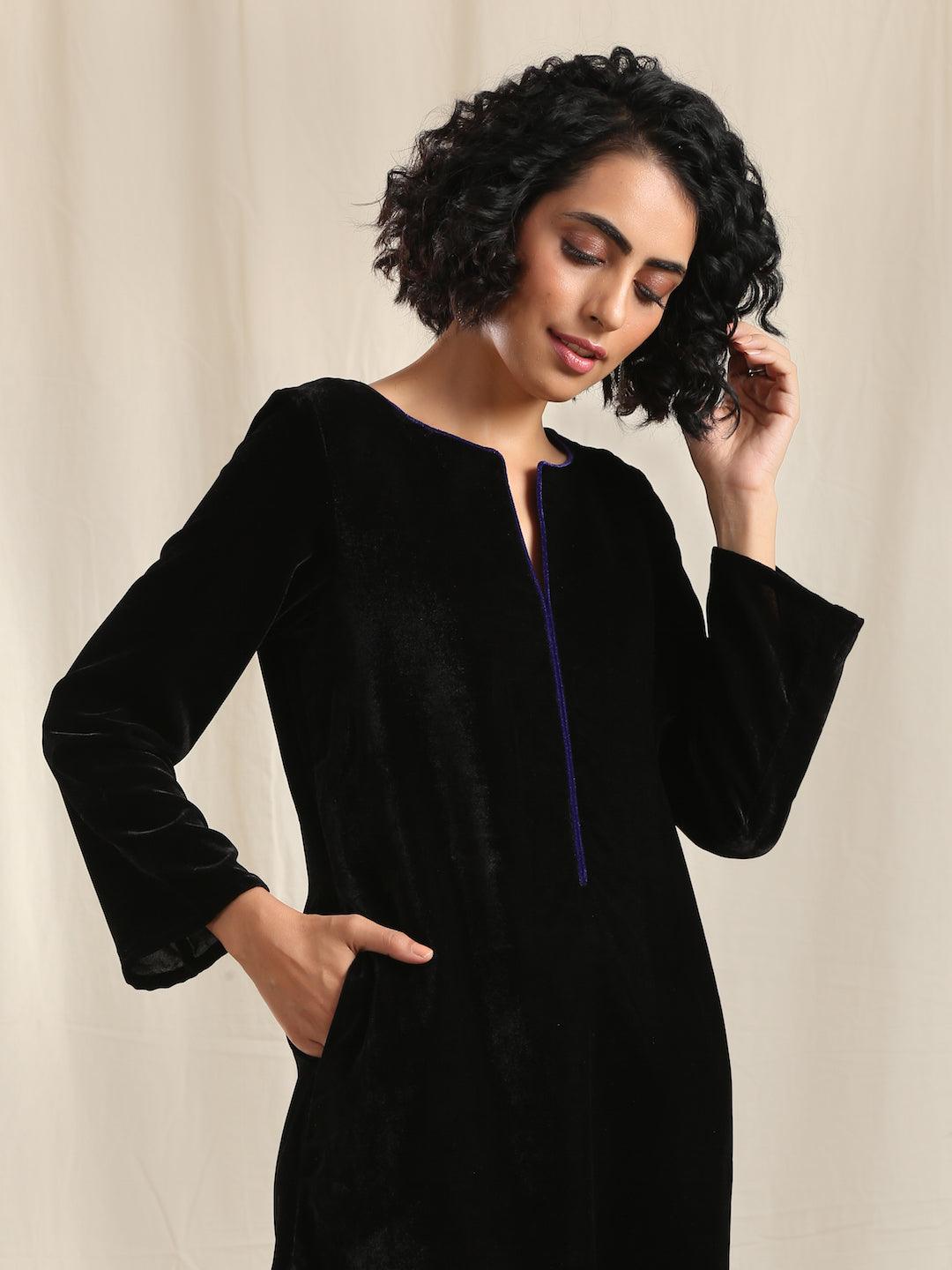 trueBrowns Black Velvet slit Kurta | Grocsy